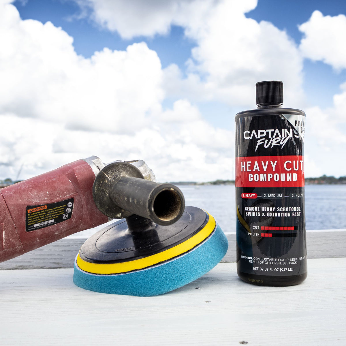 Captain's Fury Heavy Cut Compound for boat finish restoration.