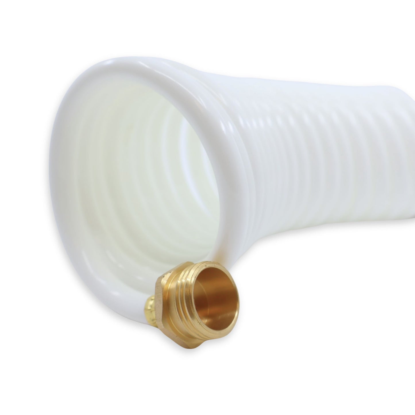 Male end of brass hose connector on white washdown hose.