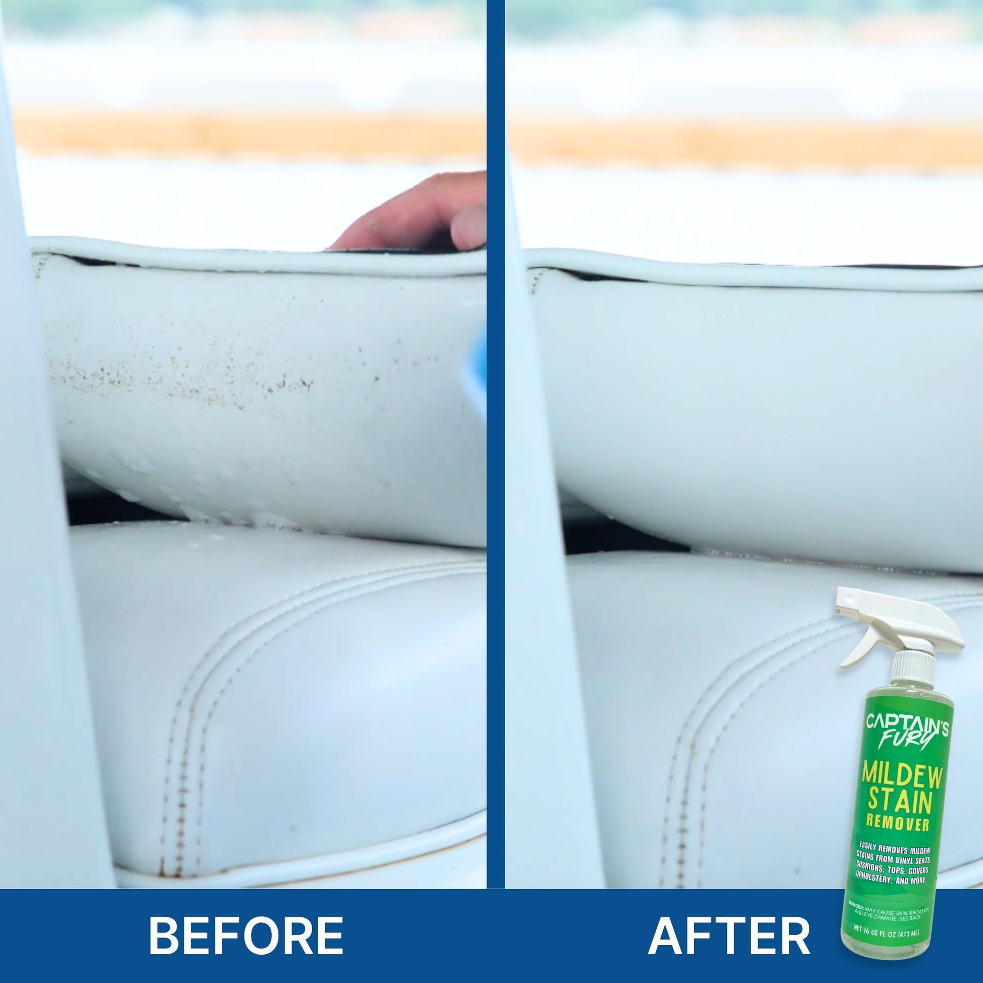 Before and after using mildew stain remover.