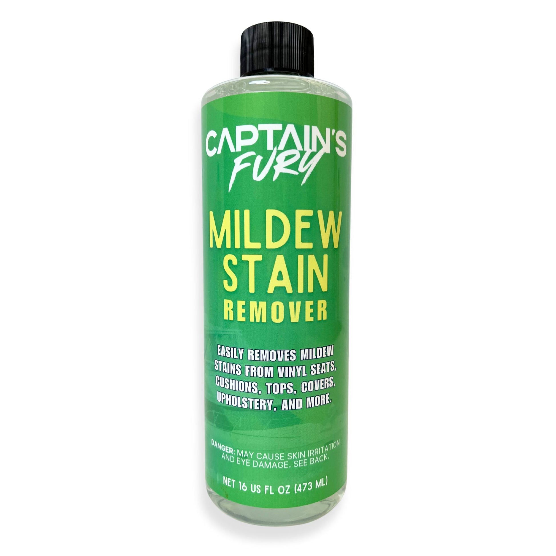 Captain's Fury Mildew Stain Remover for vinyl boat seats and more.