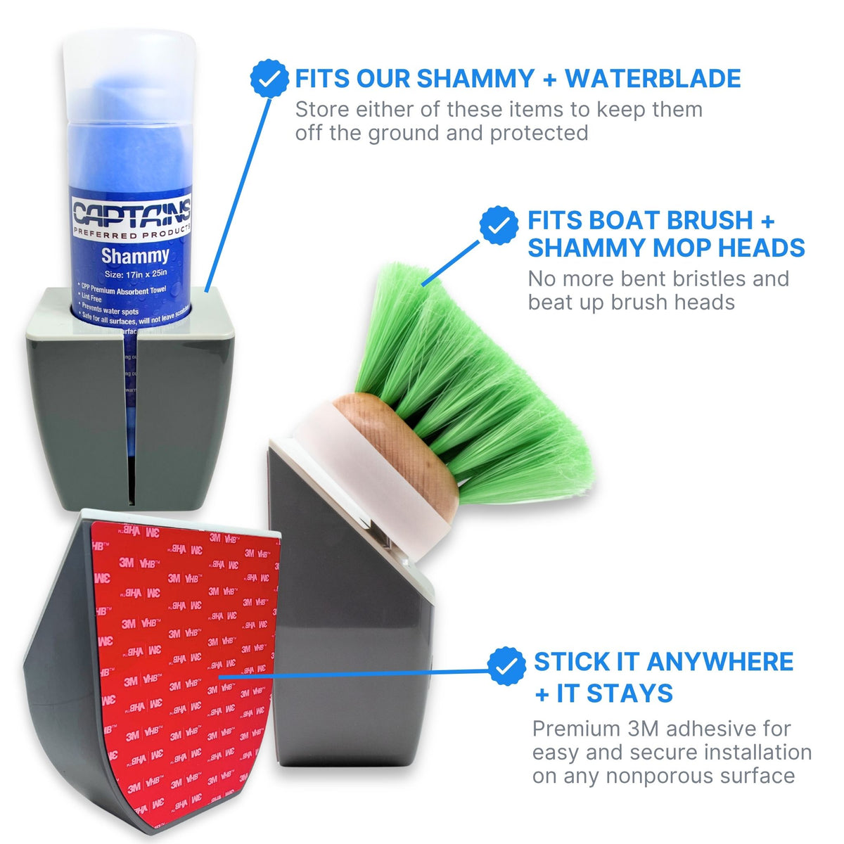 Features of no-drill TidyBoat organizers explained for boat owners to store their boat brushes, shammies, and water blades.