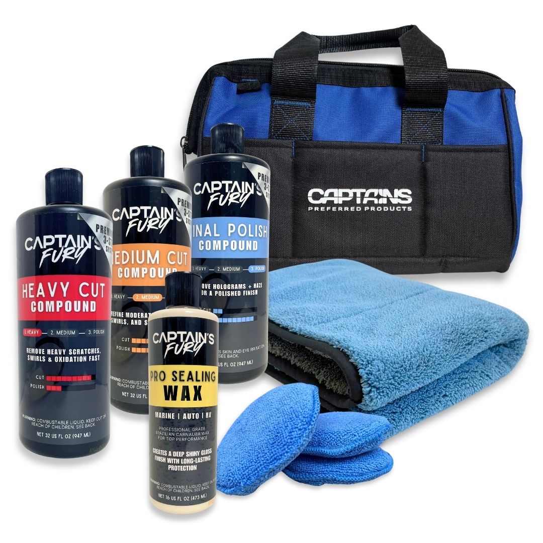 Captain's Fury Pro Restoration Kit for buffing polishing and waxing your boat's finish.