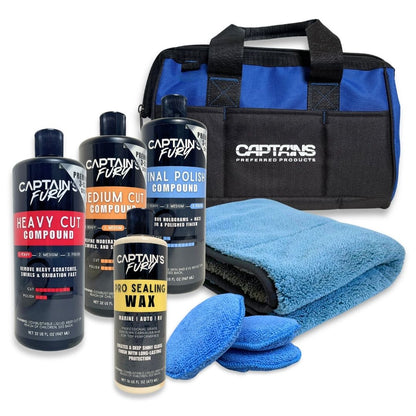 Captain's Fury Pro Restoration Kit for buffing polishing and waxing your boat's finish.