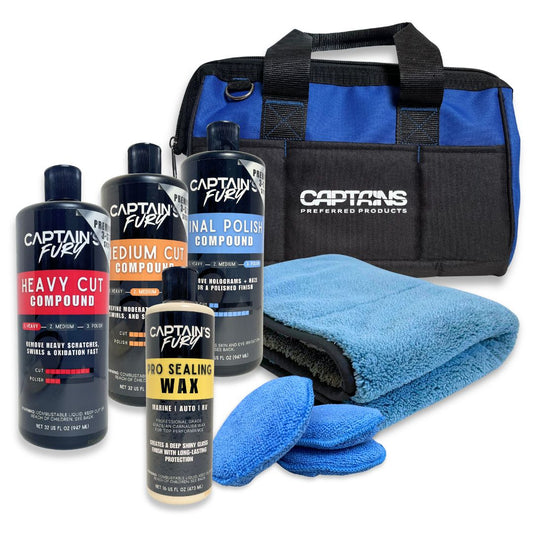 Captain's Fury Pro Restoration Kit for buffing polishing and waxing your boat's finish.