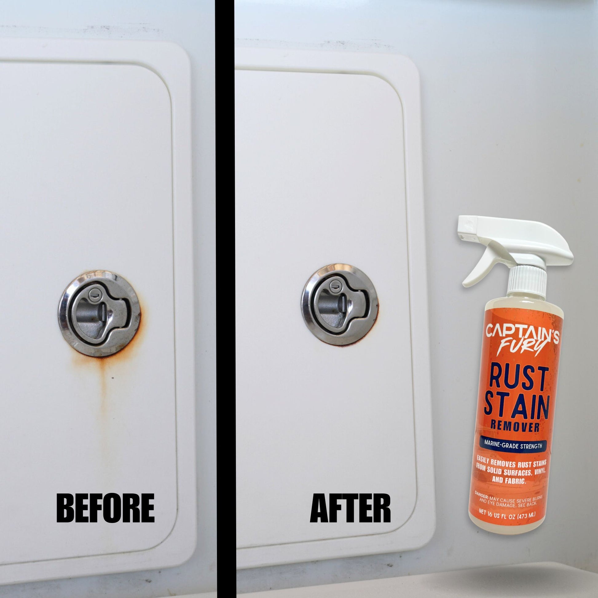 Before and after using rust remover cleaner on boat. 
