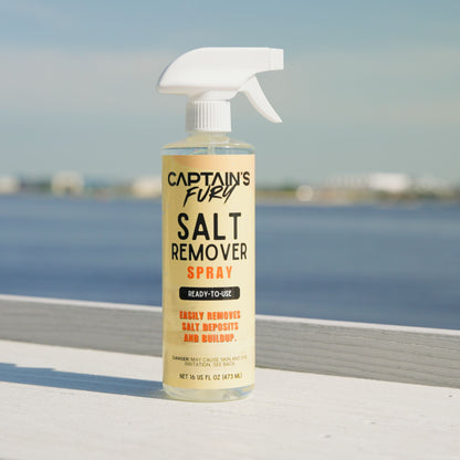 Captain's Fury Salt Remover Spray for neutralizing salt on boat and marine gear.