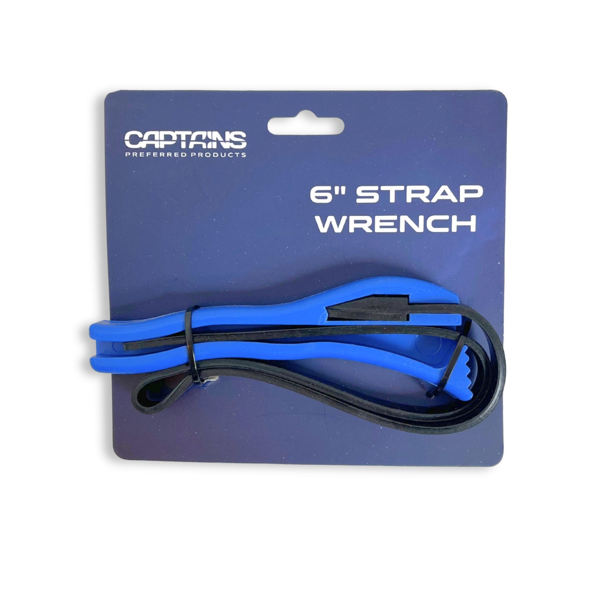 Captains Preferred Products 6 inch strap wrench with blue handle and rubber strap.