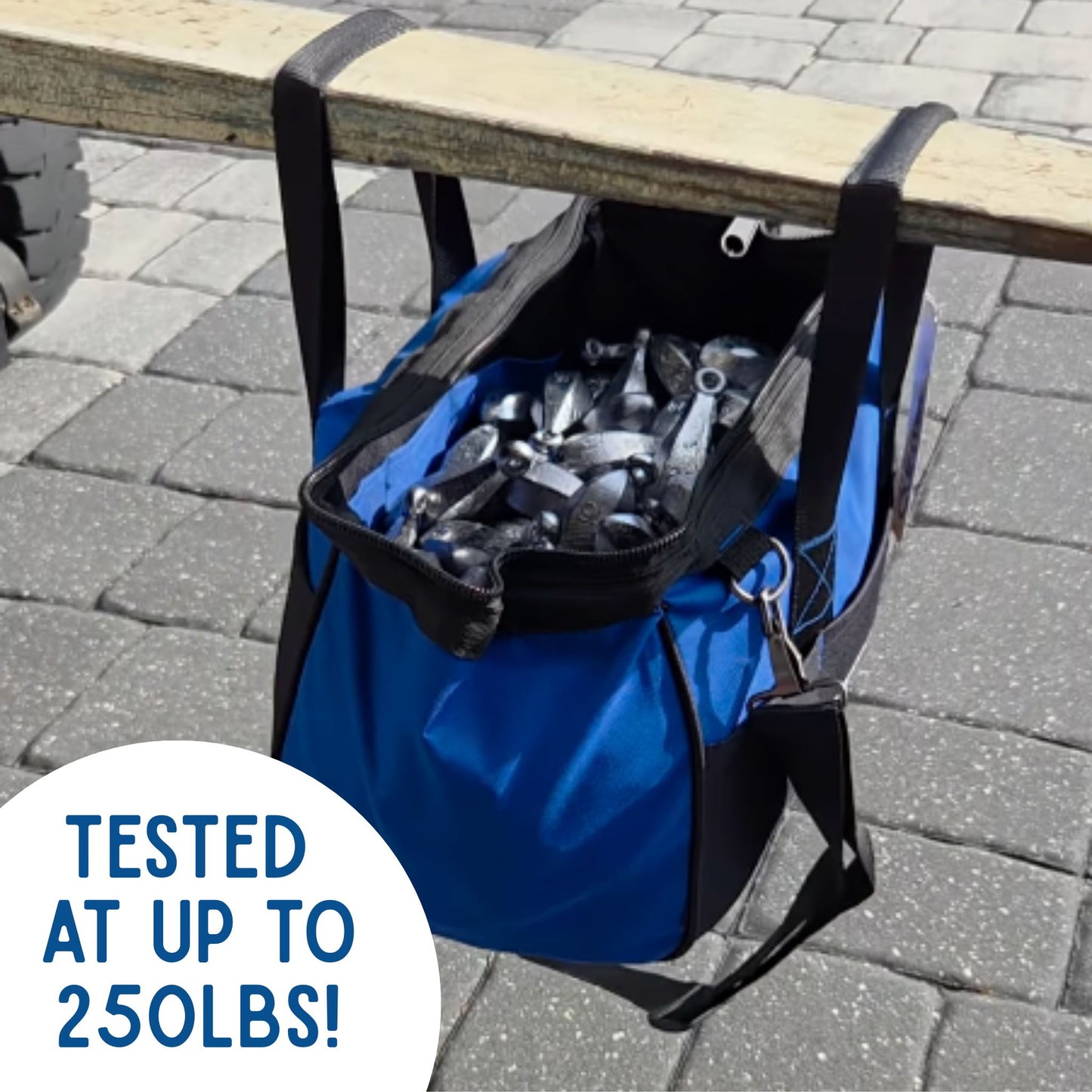 Captains Preferred Products' fishing weight lead bag loaded up full of heavy lead weights and tested at over 250 lbs.