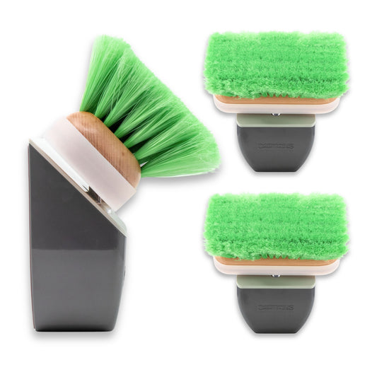 Three pack of TidyBoat brush head organizers each holding a green boat brush.