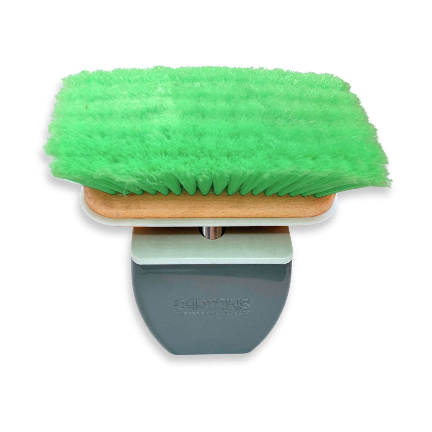 A green boat brush in a brush organizer for boat lockers and storage.