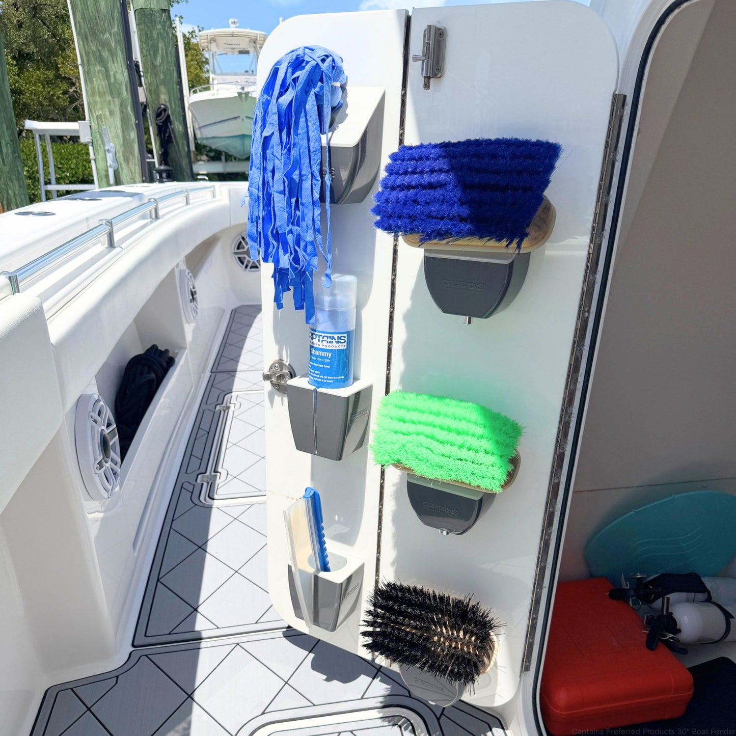 The Complete TidyBoat Organization System installed on a boat door.