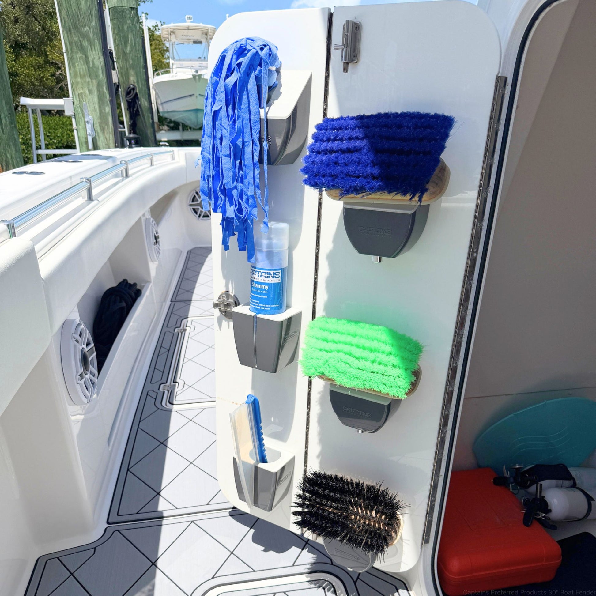 The Complete TidyBoat Organization System installed on a boat door.