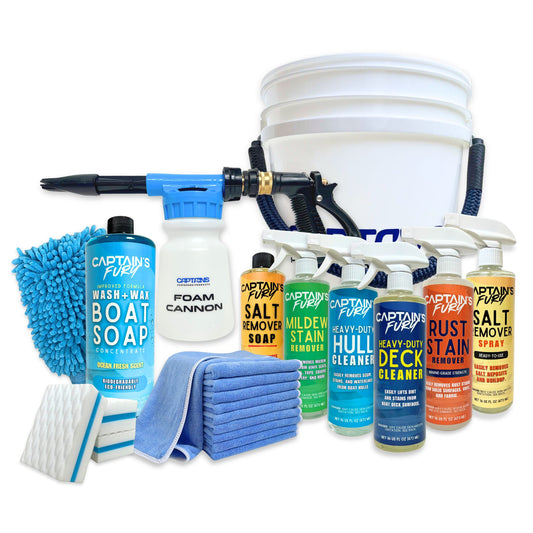 Captains Preferred Ultimate Boat Cleaner kit with foam cannon and six cleaners.