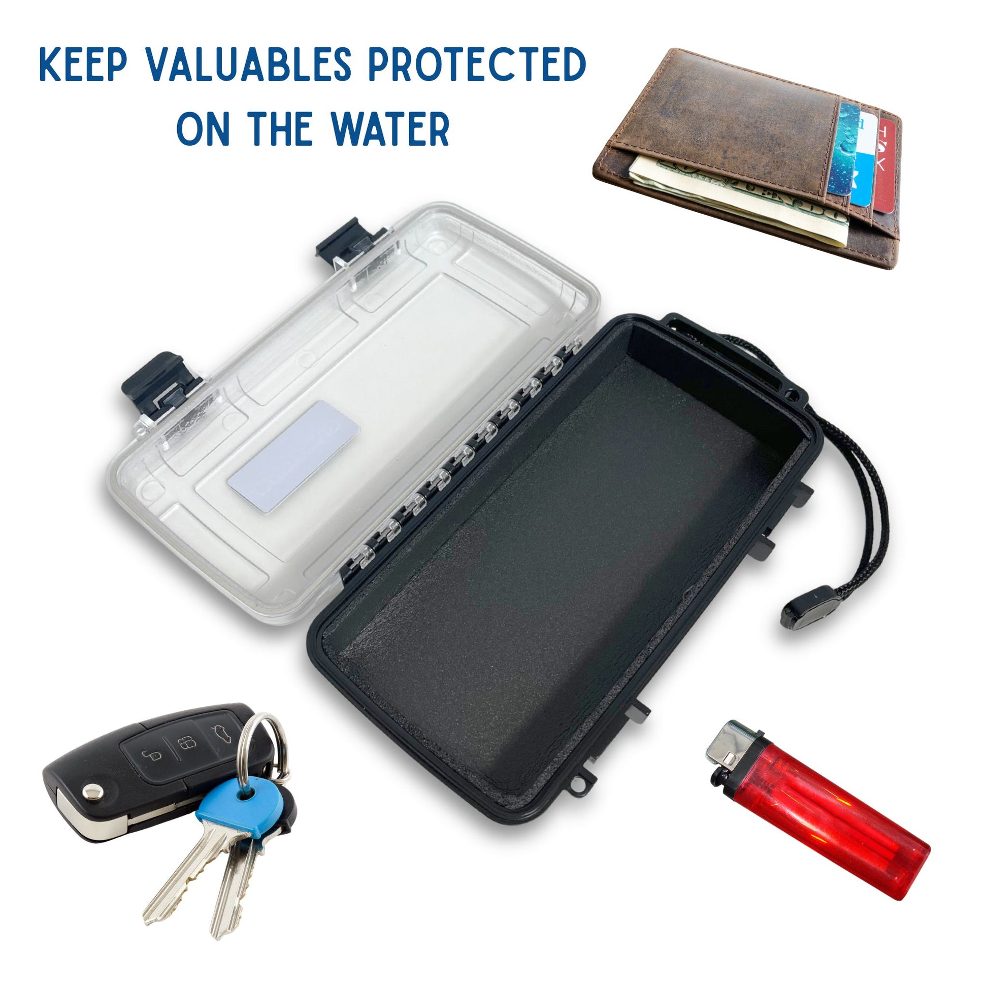 A waterproof dry box to protect valuables while boating or fishing on the water.