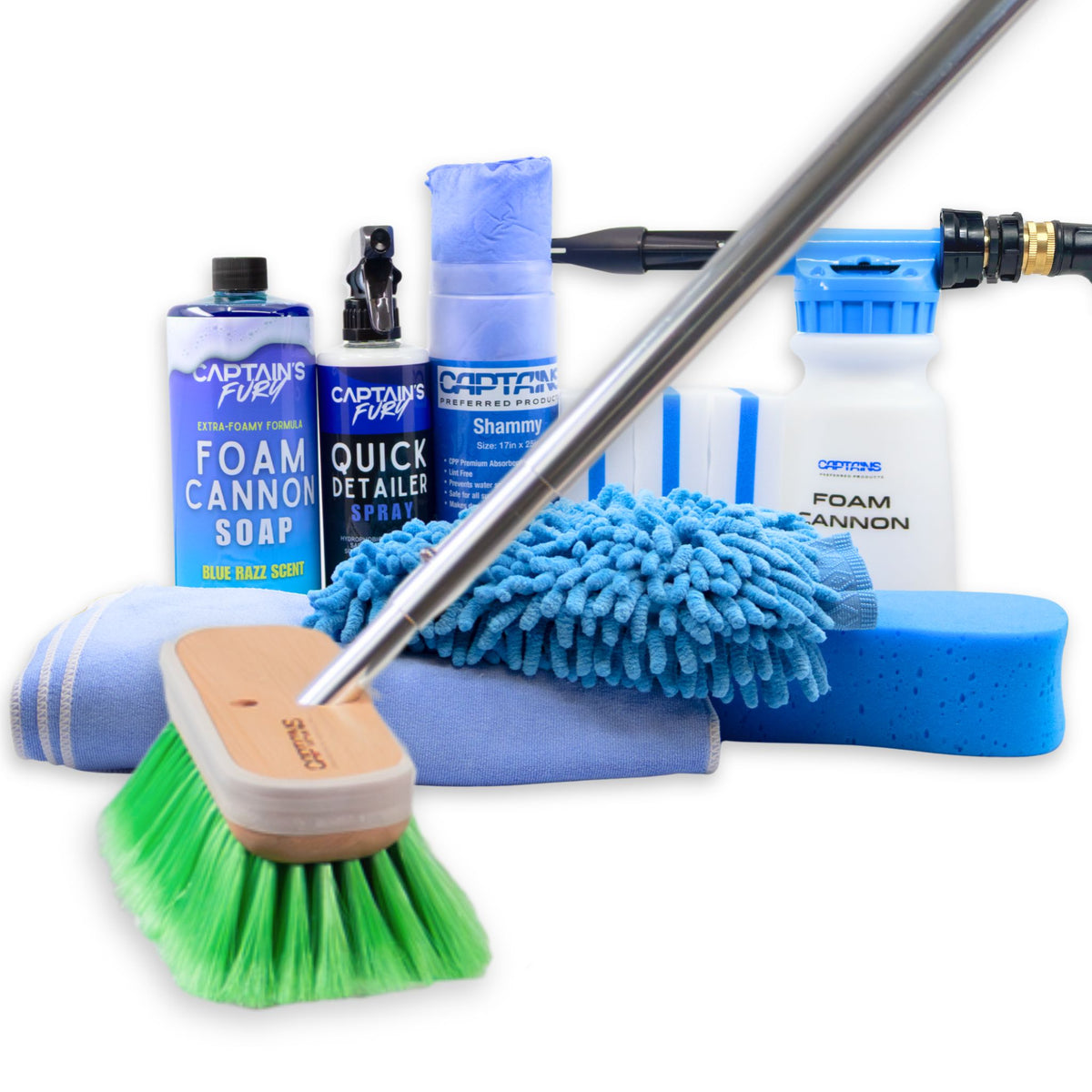 The wash and shine boat detailing kit from Captains Preferred Products with a green medium bristle boat brush, handle, and more.
