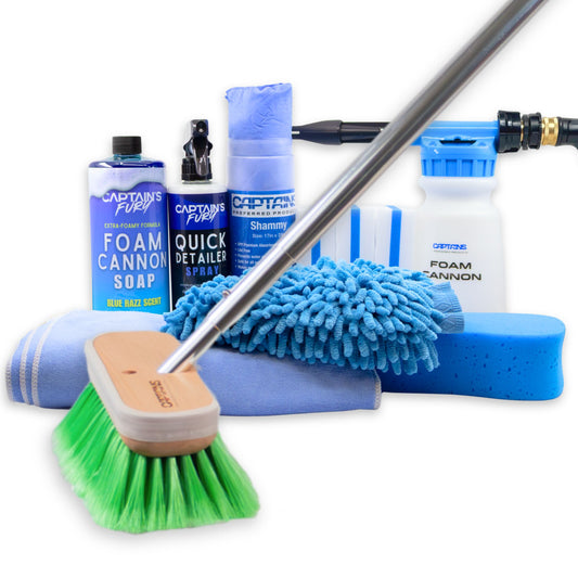 The wash and shine boat detailing kit from Captains Preferred Products with a green medium bristle boat brush, handle, and more.