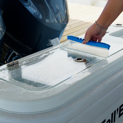 A water blade drying the transom of a boat.